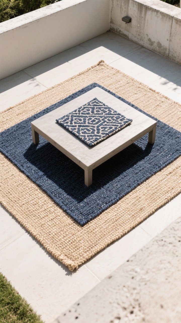Overhead detail: Layered outdoor rugs on a patio—large woven polypropylene rug in a neutral sand tone with a smaller patterned deep navy accent rug centered under a low coffee table; visible texture contrast and crisp edges; a corner of faded concrete subtly concealed by the rugs, bright even daylight, photorealistic.