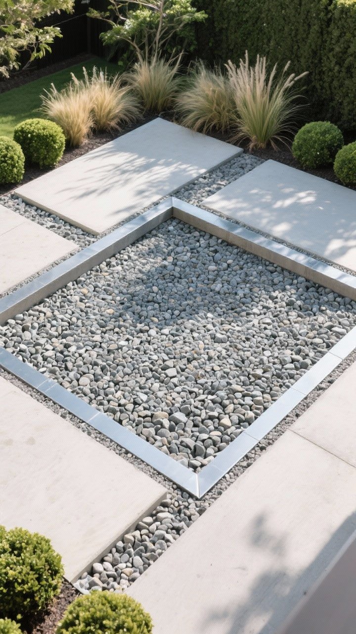 Overhead detail of a gravel courtyard: 3/8-inch crushed stone surface framed by crisp steel edging, surrounded by low boxwood and ornamental grasses; large concrete slabs with gravel infill reading modern and custom; a cutaway corner revealing a firm 2–3 inch compacted road base under the gravel; dappled sunlight creating gentle texture; photorealistic.