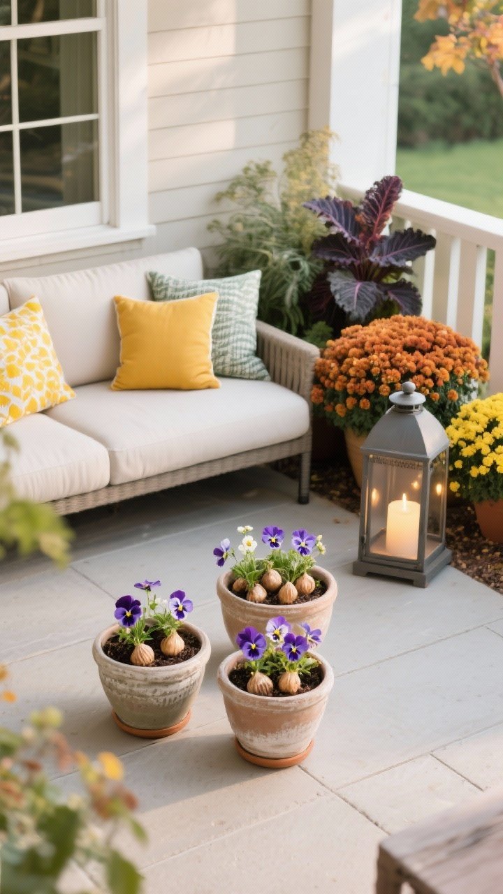 Overhead detail of a small patio vignette showing quick seasonal spruce-ups: a trio of ceramic pots with spring pansies and bulbs; nearby cushions ready to swap for summer brights; and a fall corner with mums, ornamental kale, and a lantern with an LED candle. Neutral background surfaces, clean composition, natural indoor-outdoor daylight, no people.