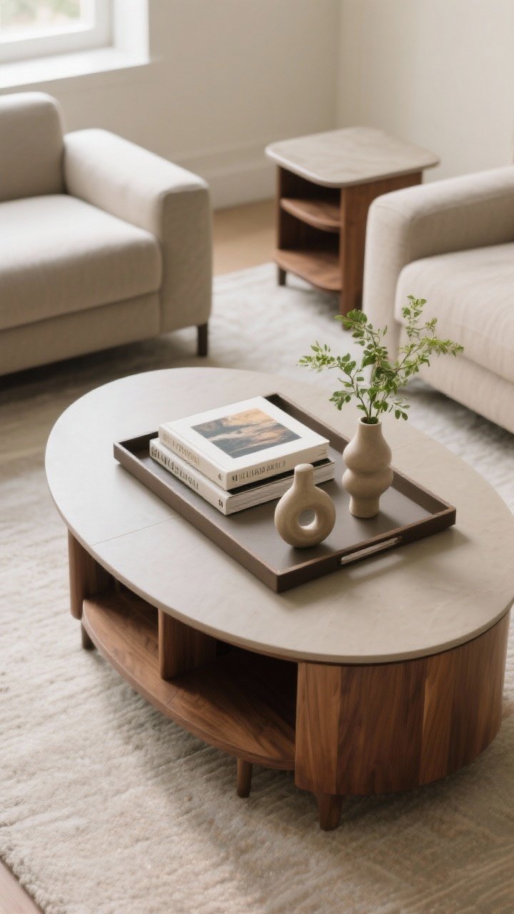 Overhead detail shot: A multi-tasking coffee table styled by the rule of thirds—two stacked art books, a sculptural object, and a small bud vase with greenery—corralled on a tray for order. Choose an oval lift-top table with a lower shelf for storage, leaving 14–18 inches of clearance to a sofa edge; a nesting side table peeks nearby for flexible surface space. Soft natural light, textures of wood and matte ceramic visible, tidy yet lived-in, no people, photorealistic.