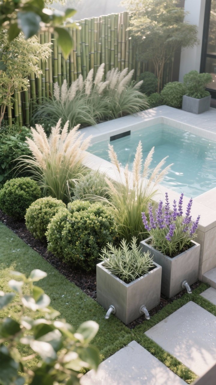 Overhead detail shot: A planting plan around a hot tub perimeter—evergreen shrubs and clumping bamboo forming structure, ornamental grasses like miscanthus and feather reed for texture and movement, aromatic sprigs of lavender and rosemary in large modern planters with subtle drip irrigation emitters; a clear 2–3 foot plant-free buffer around the tub for clean access; dewy morning light, crisp textures of leaves and planters; photorealistic.