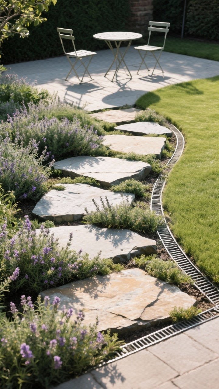 Overhead detail shot: A statement garden path of irregular flagstone stepping stones set in lush creeping thyme, the thyme slightly spilling over the stones. The path gently curves toward a small bistro table and two chairs at the end, giving it purpose. Morning light with soft shadows; focus on texture of stone, fragrant foliage, and the pattern of stepping stones; hints of metal edging and tidy lawn nearby.