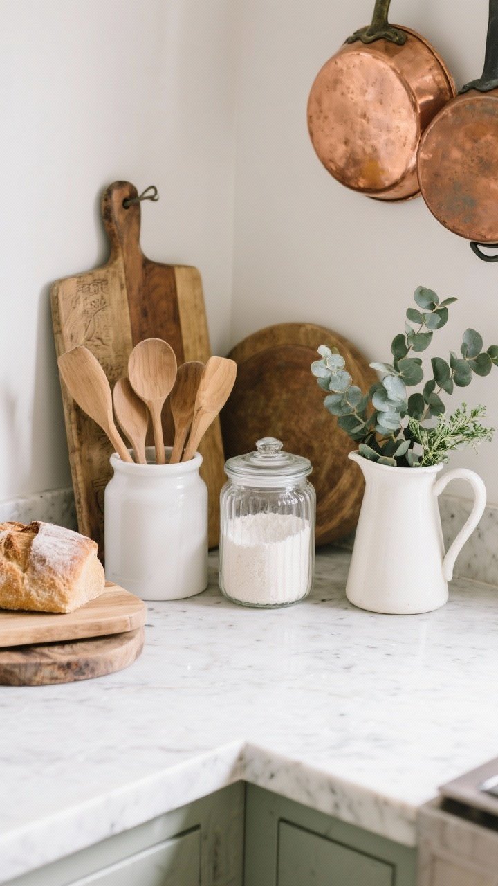 Overhead detail shot: A styled farmhouse countertop corner with a light stone surface. Arrange clear glass canisters of flour, sugar, and oats; wooden spoons gathered in a white crock; stacked wooden cutting boards including a vintage bread board leaning slightly; a small cluster of copper pans’ edges peeking in for warmth; and a sprig of fresh greenery—potted herb or eucalyptus in a simple pitcher. Clean, edited composition for easy wipe-down, natural daylight, photorealistic.