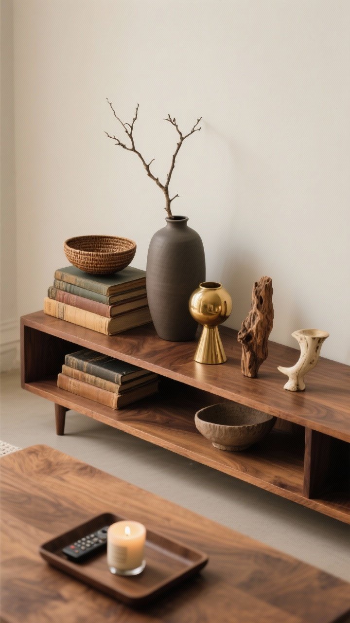 Overhead detail shot: A styled walnut shelf and coffee table surface that reads collected, not cluttered. Groupings follow the rule of three: stacked old books topped with a small woven bowl, next to a taller matte ceramic vase with a branch; a separate trio combines a shiny brass object, a natural wood artifact, and a bone ceramic piece. Negative space is intentional between clusters. Include a low tray corralling a candle and remote on the coffee table. Finishes mixed—matte ceramics, shiny brass, natural wood—captured from above with soft ambient light to emphasize arrangement and breathing room.