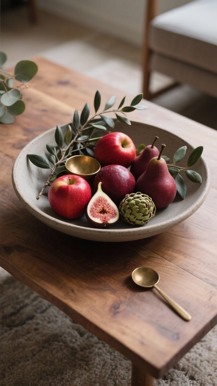 Overhead detail shot: a wide stoneware shallow bowl on a natural wood coffee table, brimming with seasonal produce in one color family—deep red apples, burgundy pears, ripe figs, and a few mini artichokes for texture. Moody sprigs of eucalyptus and olive branches are tucked between the fruit for contrast, with a single brass scoop as a metallic accent. Palette: deep reds, soft greens, muted neutrals. Soft natural afternoon light from the side enhances matte stoneware and leaf textures. No people, photorealistic.