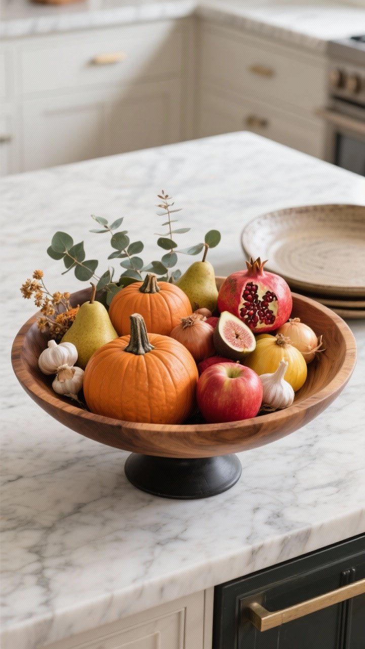 Overhead detail shot: A wide wooden bowl on a marble kitchen island styled as an edible fall vignette—mini pumpkins, pomegranates, pears, figs, apples, red and yellow onions, and garlic bulbs mixed together. Tuck a few eucalyptus sprigs and dried flowers around the edges; include a matte black pedestal base partially peeking beneath or a neighboring large ceramic platter for layered depth. Mix shapes and heights for a casual, intentional look. Soft, diffused daylight; high texture fidelity of skins, stems, and wood grain; no people.