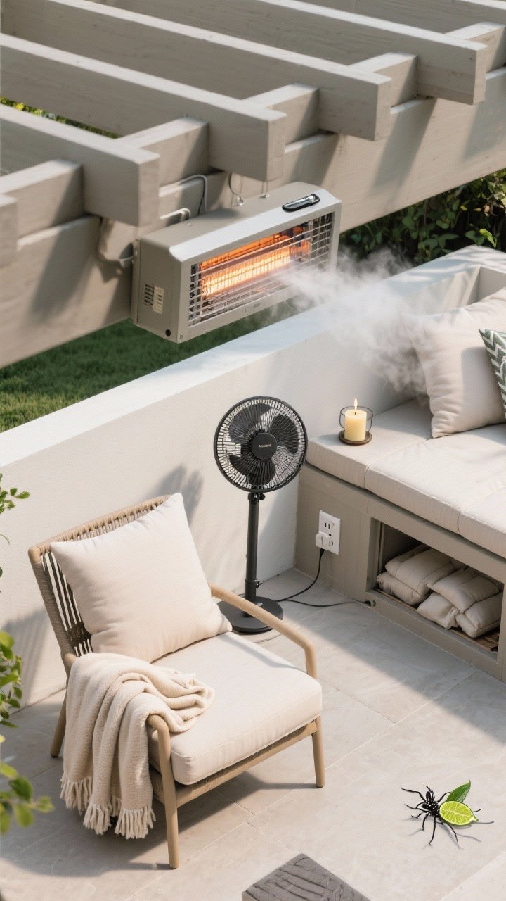 Overhead detail shot – All-weather comfort setup: an infrared heater mounted under a pergola beam and a folded heated throw on a chair; a light-colored outdoor cushion set to stay cool, a compact misting fan positioned near the seating, and a subtle bug-control setup—citronella candle paired with a floor fan and a discreet trap at the perimeter. A weatherproof storage bench slightly open shows cushions stashed inside. Visible exterior outlet near the base supports easy power access.