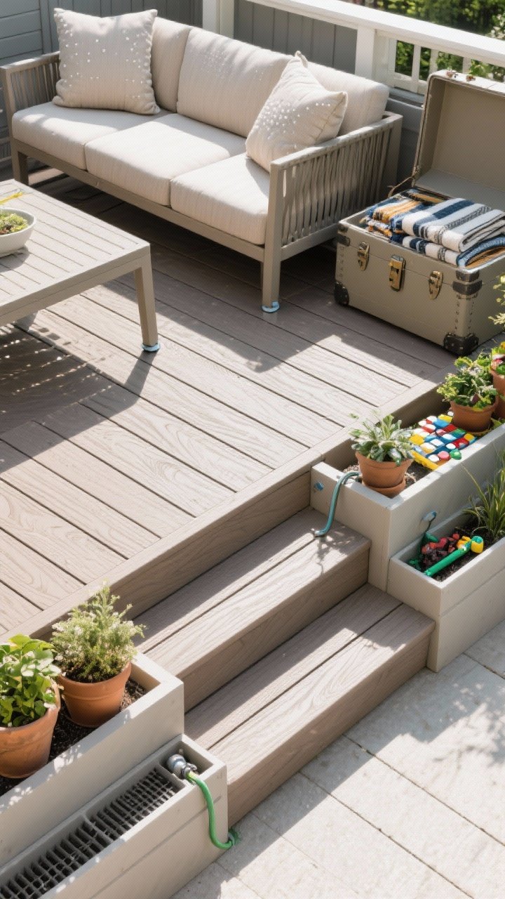 Overhead detail shot, bright even daylight: A low-maintenance deck materials tableau—composite decking boards with realistic wood grain, furniture legs on protective glides, solution-dyed acrylic cushions in neutral tones (water beading on the fabric), drainage trays neatly tucked under planters, and a drip irrigation line discreetly feeding pots. A weatherproof storage trunk nearby slightly open with neatly folded throws and games. Clean, durable, photorealistic.
