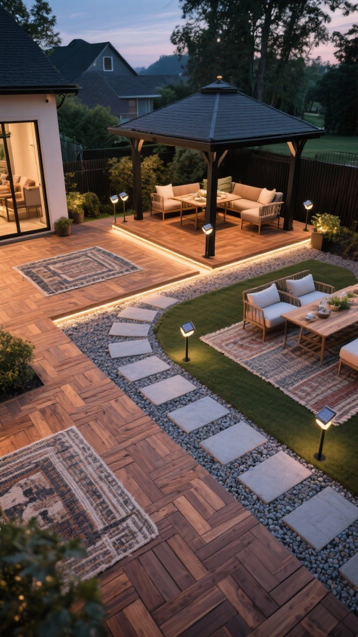 Overhead/detail shot: Ground and path design—interlocking deck tiles in a warm wood-look pattern defining the floor, layered outdoor rugs creating zones for seating vs. dining, a gravel/paver path leading to the gazebo lined with solar stake lights, and subtle under-rail LED strips casting a floor glow; cohesive materials with repeated warm wood and black metal accents; twilight illumination, photorealistic.