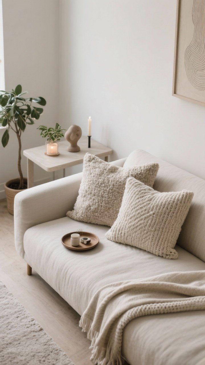Overhead detail shot: Minimalist styling with layered richness—sofa corner featuring two textured pillows (mix of bouclé, linen, knit) in a limited neutral palette, plus one neatly draped throw; a single statement art piece visible at the edge of frame above the sofa; a small tray on the side table holding essentials with one sculptural object, leaving about 70% of the surface clear; a small plant on a shelf and a medium floor plant nearby; subtle candle present for a finished mood, all in gentle, natural light.