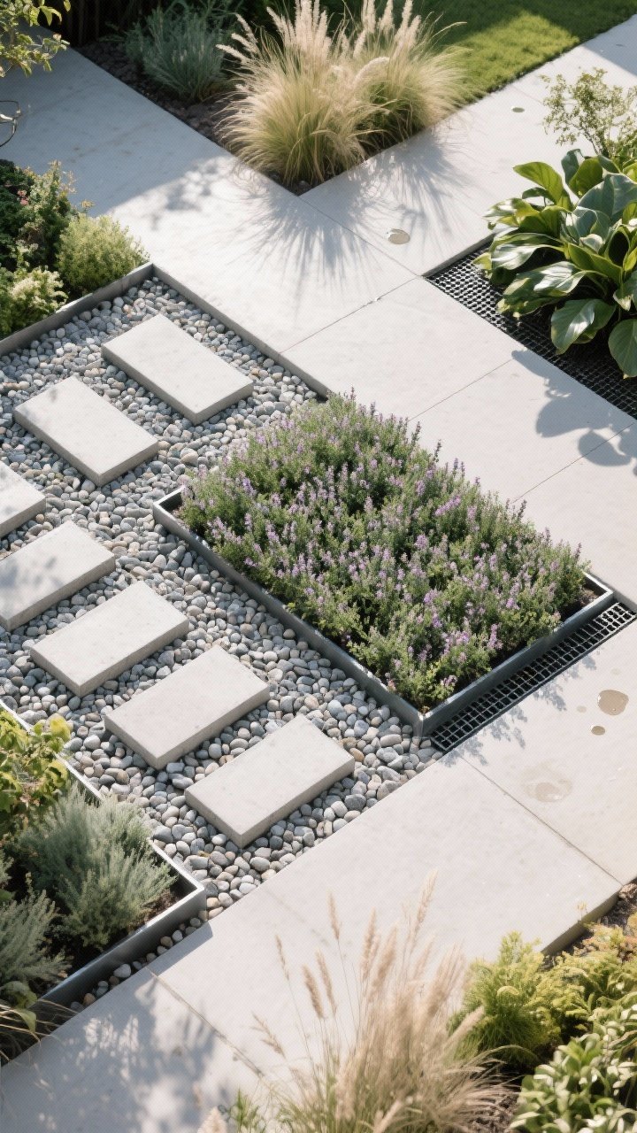 Overhead detail shot of a chic modern garden intersection where hardscape meets softscape: a gravel grid with steel edging, pea gravel, and rectangular concrete pavers; floating steppers appear to sit in a tight carpet of creeping thyme; contrasting textures of matte concrete beside glossy broadleaf foliage and feathery grasses; visible drainage pattern without puddles; defined walkway guiding around delicate plantings; bright diffused daylight highlighting geometry and texture.