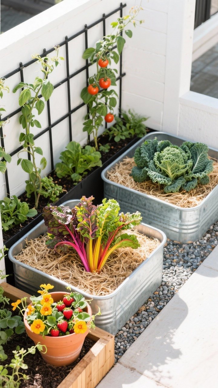 Overhead detail shot of a chic small-space edible setup: two galvanized raised beds with neat straw mulch; rainbow chard and curly kale as bold foliage accents; a black metal trellis with trained tomato vines, basil planted below as fragrant understory; terracotta pot with strawberries and nasturtiums spilling over the rim; clean cedar edging and a narrow gravel path; bright morning light creating crisp, modern lines.