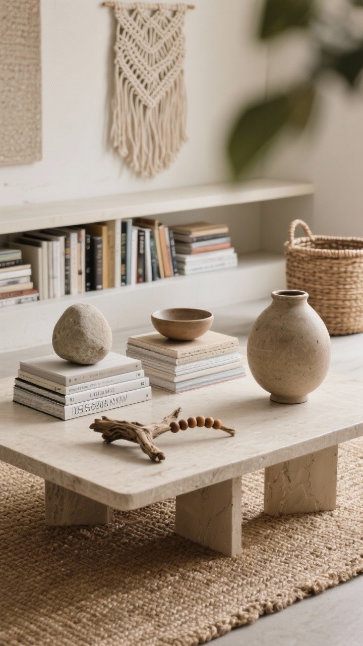Overhead detail shot of a curated coffee table styling on a jute rug: a trio arrangement featuring one sculptural object (smooth stone form), a neat stack of design books, and a natural element (small driftwood piece with wooden beads); to the side, a stoneware vase with raw clay texture and a footed bowl; background blur reveals a neutral woven wall hanging/macramé on the wall and a woven basket on the floor; open-shelf edge in frame with mixed vertical/horizontal book stacks and intentional negative space; soft natural afternoon light, photorealistic with rich material detail.