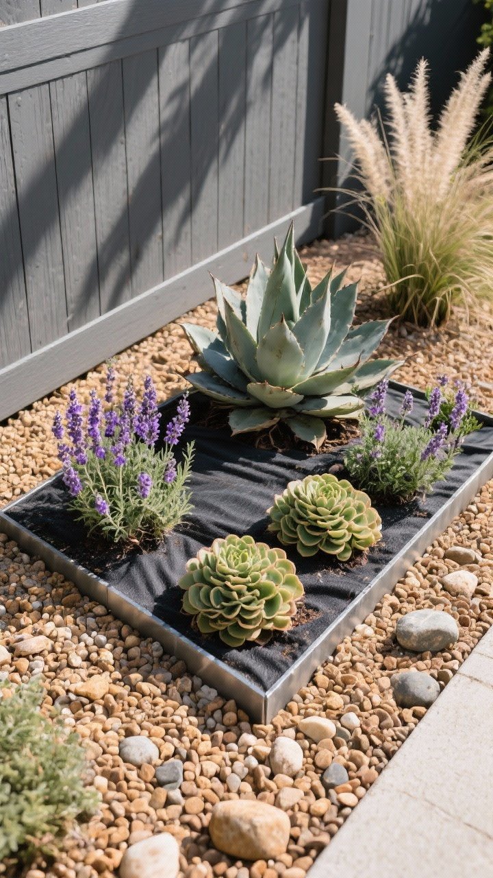 Overhead detail shot of a designer gravel garden: warm tan pea gravel over visible landscape fabric at the edges, steel edging keeping gravel contained, clustered plantings in odd numbers—sedum rosettes, lavender with purple blooms, catmint, a structural agave, and feather reed grass—contrasting soft foliage against stony texture; modern gray-stained fence backdrop; afternoon sun with soft shadows; a few scattered smooth river stones for texture; no people.