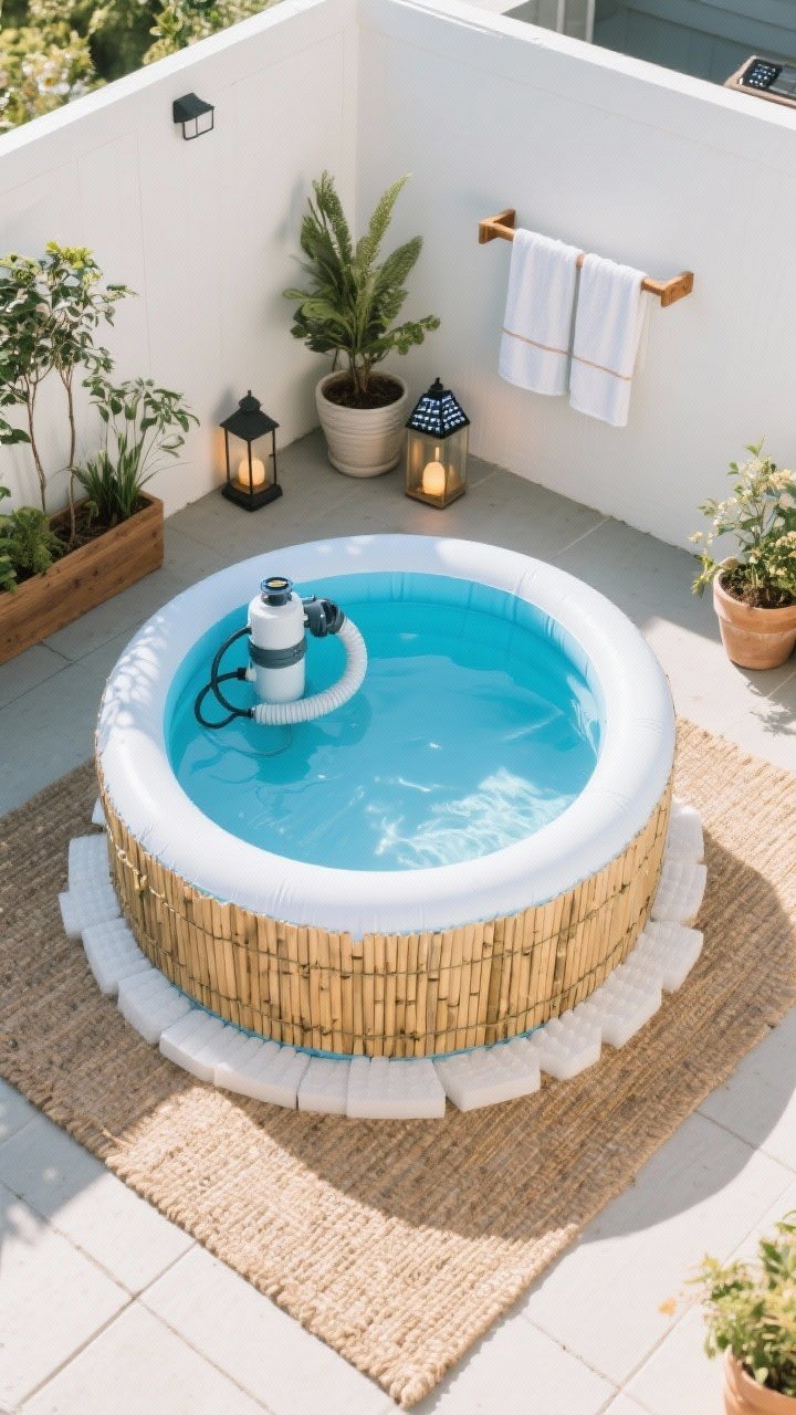 Overhead detail shot of a DIY-friendly inflatable pool staged to look permanent: level foam board base under an outdoor rug, round inflatable with bamboo fencing wrap, small cartridge filter pump connected, surrounded by planters, solar lanterns, and a simple DIY wooden towel rack, clean seasonal setup on a small patio, bright midday light, photorealistic, no people.
