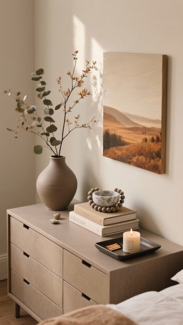 Overhead detail shot of a dresser vignette styled for fall with sculptural, organic accents: a minimalist landscape artwork in warm tones leaning against the wall, lit by soft ambient light; a matte ceramic vase holding dried eucalyptus or willow branches (no bright colors), a stack of two neutral design books topped with a stone bead garland or small marble bowl; nearby nightstand tray styling visible at the edge—sleek tray with a candle, match striker, and hand cream; palette stays warm and understated; negative space preserved with one or two oversized objects rather than many small items; photorealistic materials and subtle shadows
