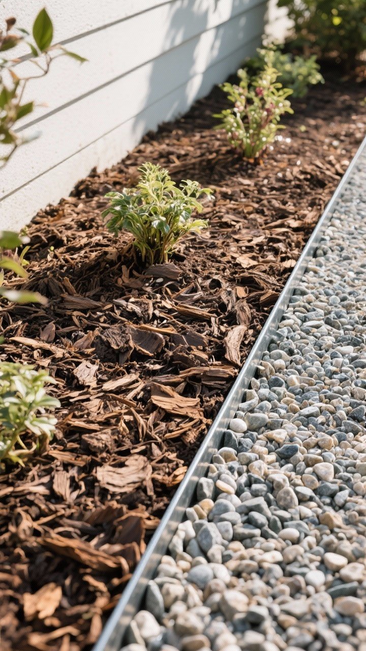 Overhead detail shot of a freshly mulched garden edge: rich natural bark mulch in a clean 3-inch layer around plant bases, a sharp steel edging strip defining the border next to a pea gravel path; crisp linework, visible texture contrast between bark and gravel; bright diffuse daylight emphasizing the instant makeover effect, photorealistic.