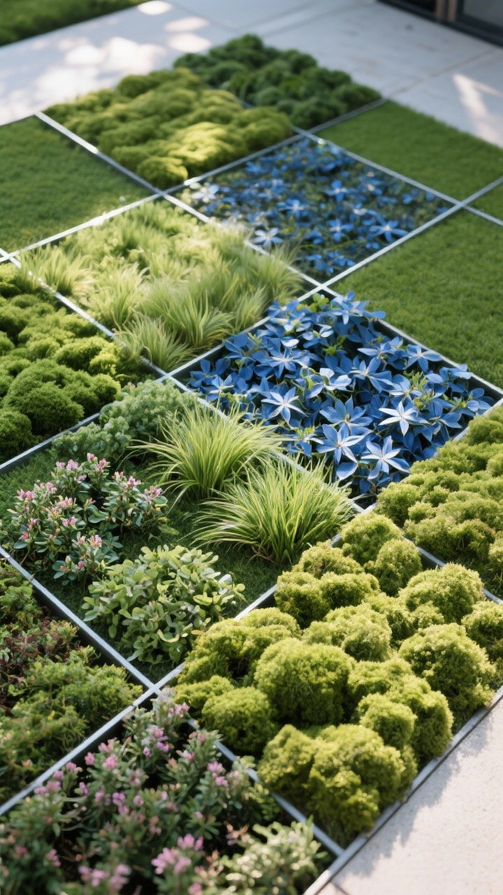 Overhead detail shot of a living mosaic lawn alternative: a grid defined by thin steel strips creating “tiles,” each patch planted differently—blue star creeper, dwarf mondo grass, creeping thyme, and Irish moss—arranged for contrasting colors and textures; tidy, freshly trimmed edges; subtle sun/shade gradient indicating mindful placement; soft natural light emphasizing the quilted, patterned effect, no hardscape beyond the thin grid.