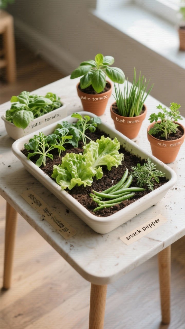 Overhead detail shot of a micro edible garden on a small table: shallow planter with arugula, leaf lettuce, baby kale arranged in rows; separate compact pots labeled “patio tomato,” “bush beans,” “snack pepper,” and grouped herbs (basil, chives, thyme, parsley). Clean snip marks on leaves indicating cut-and-come-again harvesting. Natural diffuse morning light, moist but not soggy soil texture, neat edges, no clutter.