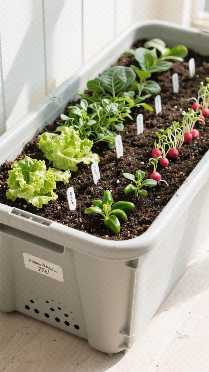 Overhead detail shot of a micro veggie bed made from a sturdy opaque 27-gallon plastic storage tote: clean drill holes in the bottom and near the base for drainage, filled with vegetable potting mix. Neatly labeled rows of lettuce, arugula, spinach seedlings, a line of radish sprouts, and compact pepper starts at one end. Moist, rich soil texture with a small plant label set. Bright indirect daylight, crisp top-down composition.