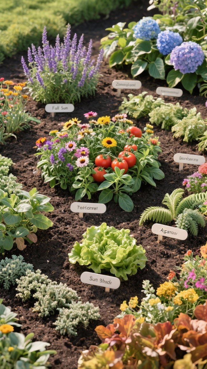 Overhead detail shot of a planting plan laid out in soil: labeled clusters for full sun (lavender, salvia, zinnias, tomatoes, basil), partial shade (hydrangea, hosta, heuchera, ferns, lettuce), and drought-tolerant (sedum, yarrow, thyme, agastache). Visible sun/shade pattern across the ground, with plant tags and staggered spacing to show layering by bloom time (spring bulbs, summer flowers, fall color). Soft diffused daylight, rich textures of leaves and soil.
