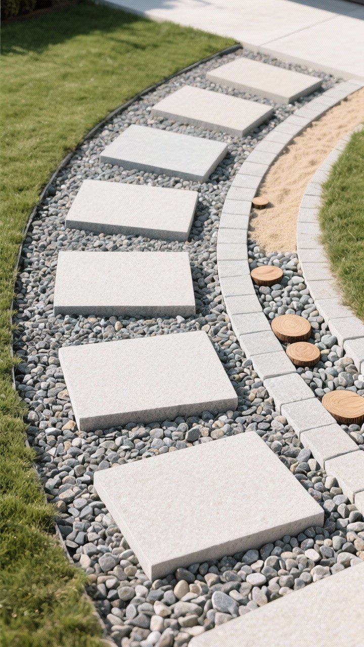 Overhead detail shot of a simple path: large rectangular stepping stones set in gravel with a few inches of spacing for a modern vibe; gentle curve visible in the layout; alternative inserts include a short run of sand-set pavers and a small section of wood rounds embedded in pea gravel for a rustic-meets-chic accent; even, bright daylight emphasizing pattern and negative space.