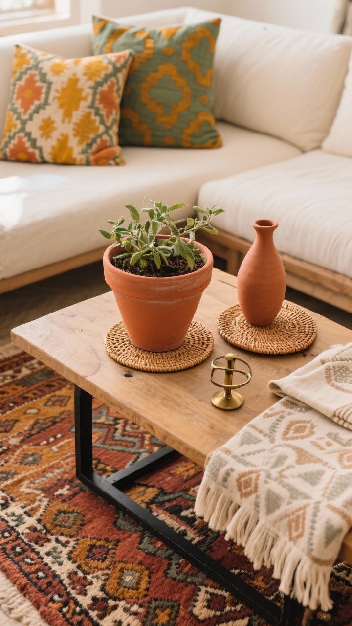 Overhead detail shot of a styled coffee table corner on a natural wood surface, showcasing a tight earthy palette. Warm neutrals as base with repeated pops of terracotta, turmeric, and sage: a terracotta planter, sage and turmeric patterned pillow peeking in frame, and a folded subtle-pattern throw. Demonstrate pattern play: one bold pattern (a kilim rug edge visible), one medium (pillow), one subtle (throw). Include natural finishes—rattan coaster, clay vase, linen napkin—and a small touch of metal in brass or black iron for contrast. Soft daylight for true color rendering. Photorealistic, no people.