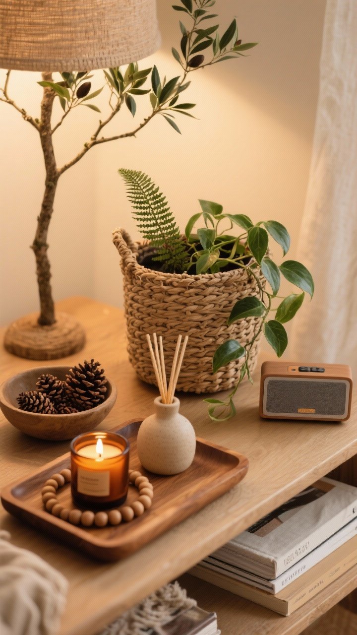 Overhead detail shot of a styled cozy moment emphasizing life, scent, and sound: a woven textural basket cradling a potted trailing pothos beside a tiny fern; a small olive tree base partially in frame; natural elements like a bowl of pinecones and a wood bead garland on a warm wood tray; linen-covered books stacked nearby. A candle warmer with an amber-scented candle and a ceramic reed diffuser suggest seasonal scent; a compact speaker discreetly tucked at the edge hints at soft playlists. Warm ambient lighting, tactile materials, serene vibe, photorealistic, no people.