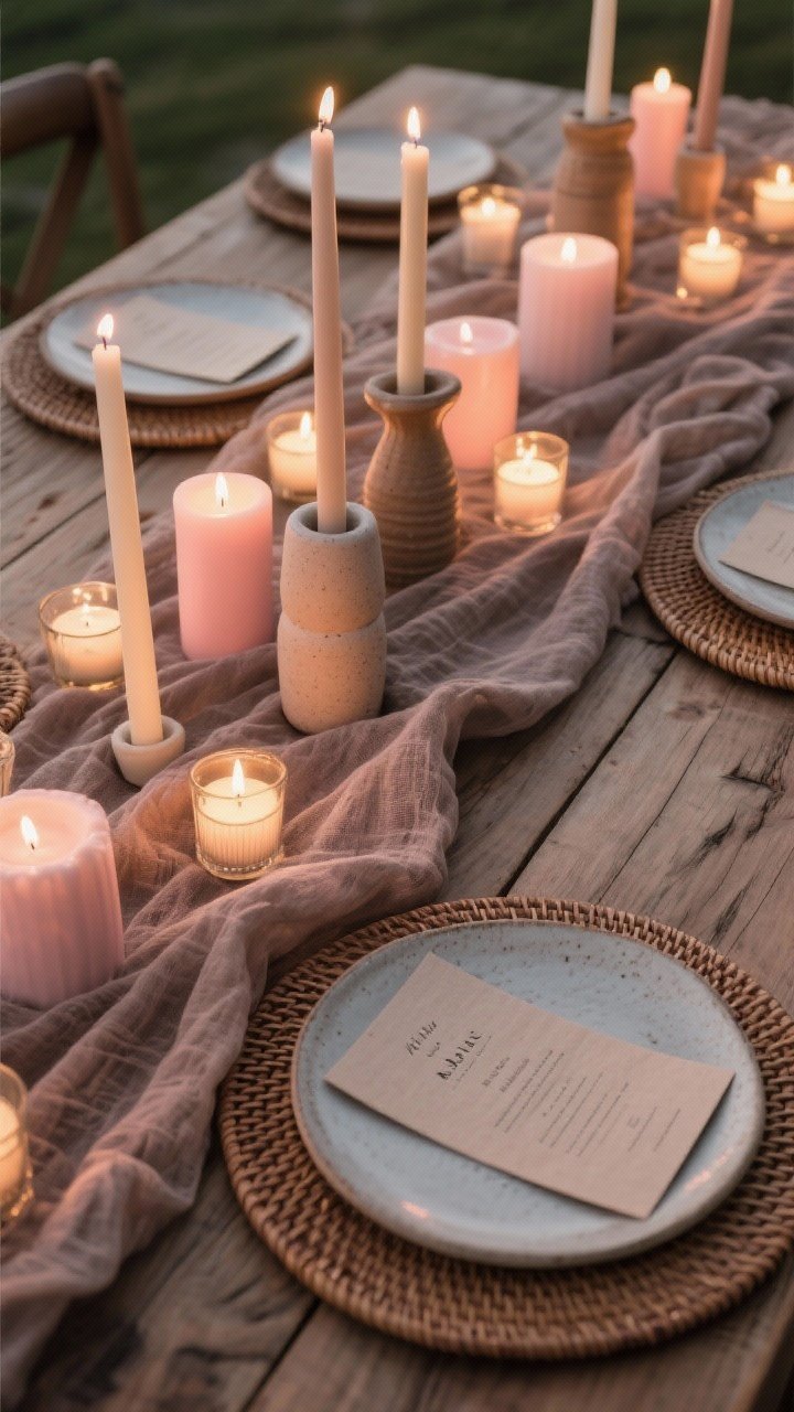 Overhead detail shot of a textured tablescape: a linen table runner or gauze in earthy taupe across raw wood; mixed candle types—slim tapers in ceramic holders, chunky pillars, and scattered tea lights—creating layered glow; rattan chargers beneath stoneware plates; a small printed menu on thick, textured paper with minimalist typography at each setting; neutral palette with blush accents; warm evening ambiance; photorealistic.
