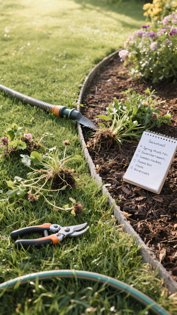 Overhead detail shot of a tidy maintenance moment: neatly edged lawn line made with a half-moon edger, a few freshly pulled weeds set aside, clippings from deadheaded blooms next to pruners; a small notepad card showing seasonal tasks (spring mulch refresh, summer deep watering, fall bulbs, winter burlap protection) partially in frame; a soaker hose or drip line tucked under mulch indicating smart watering; bright morning light for clarity; mood: calm, organized routine.