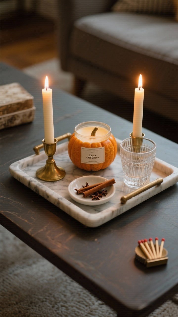 Overhead detail shot of an affordable candlelight arrangement on a coffee table tray: one scented candle (label minimal) in vanilla/cedar/tiny pumpkin note as the star, flanked by two unscented tapers or tea lights in mixed thrifted holders (brass, marble, and clear glass) for a curated look. Include a small match striker or tiny dish with wooden matches. Show a budget hack: a decanted pillar candle poured into a pretty thrifted container, and a tiny dish with whole cloves or cinnamon sticks as a scent booster. Warm, low evening lighting with soft, cozy glow; photorealistic, no people.