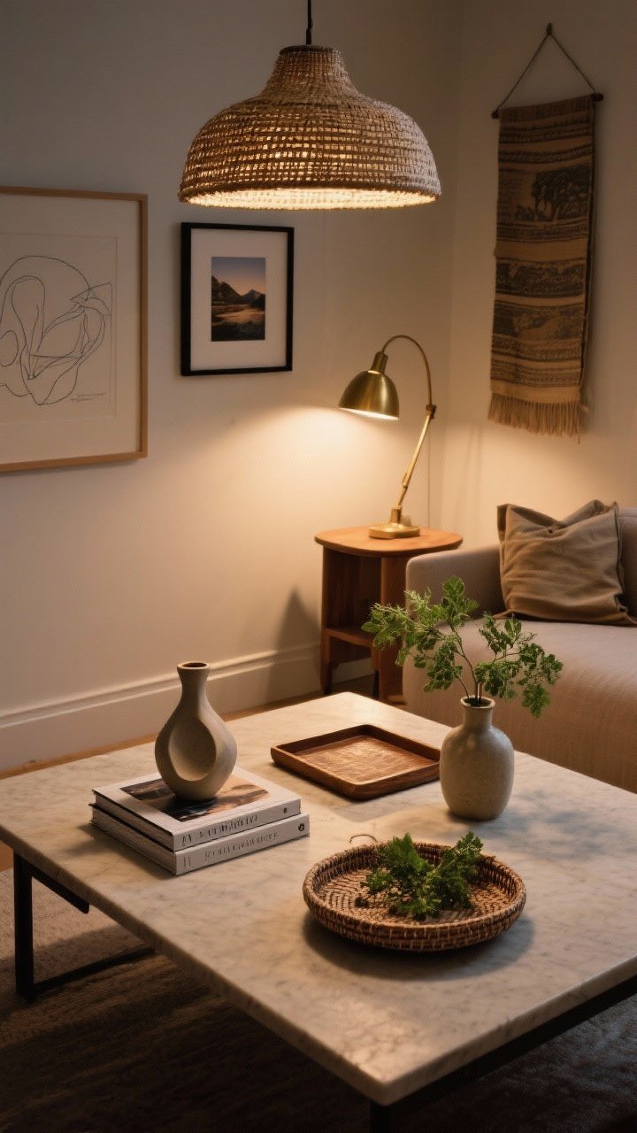 Overhead detail shot of intentional styling and layered lighting on and around a coffee table: the coffee table follows the books + object + greenery + tray formula with two art books, a sculptural ceramic object, a small sprig of greenery in a bud vase, and a woven tray. In the surrounding frame edges, hint at lighting layers—a woven pendant glow above, a brass reading lamp arc nearby, and a small table lamp for ambient warmth. Include a portion of a gallery wall mixing a line drawing and a travel photo with matching black and light wood frames, plus a folded vintage textile hung as art in the background edge. Warm, dimmable evening ambiance with soft pools of light, no people.