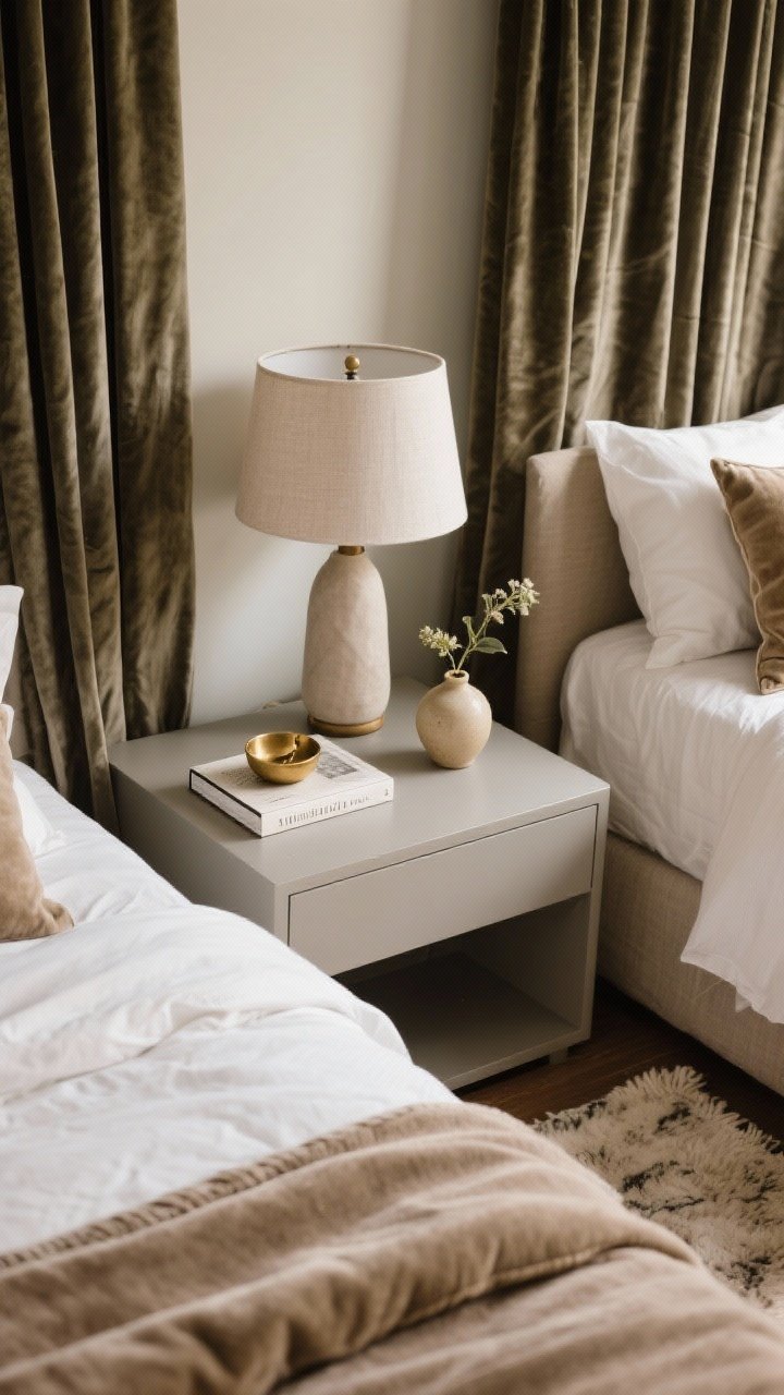 Overhead detail shot of styled bedroom surfaces emphasizing cozy, edited details: a nightstand pared down to three items—a linen-shaded lamp, a hardcover book with a small brass catchall on top, and a petite ceramic bud vase. Include a long lumbar pillow in a luxe fabric centered on the neatly made bed, flannel or sateen pillowcases visible, and velvet blackout curtains or lined linen panels framing the scene at the edge. A plush bedside rug peeks into frame. Warm, inviting light, clean composition, no people.
