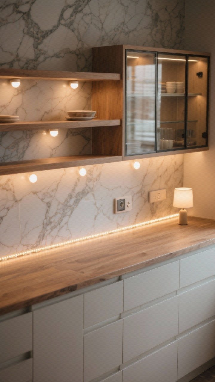 Overhead detail shot of under-cabinet and shelf lighting: continuous runs of warm 2700–3000K high-CRI (90+) LED tape strips hidden along the front lip of the cabinets illuminating a veined stone backsplash and wood countertop; a few puck lights discretely highlighting styled open shelves and a glass-front cabinet; seamless glow with minimal breaks, a tiny inline dimmer and a small motion sensor visible for functionality; optional tiny lamp on the counter providing a cozy secondary glow; photorealistic, no people.