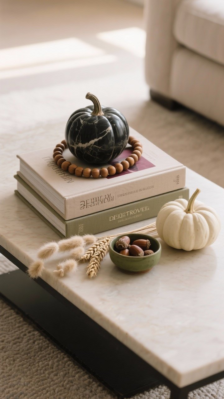 Overhead flat-lay of a seasonal stack on a coffee table: three neutral-spined coffee table books in descending size (design/travel/food), topped with a small sculptural object like a black marble sphere or carved pumpkin and a draped wood bead garland. Tuck in a dried element—wheat or bunny tails—plus a tiny bowl of foraged acorns. Include one muted green or white mini pumpkin off to the side. Keep color palette neutral with a subtle burgundy or olive accent. Balanced negative space on one side for function. Soft natural daylight, crisp detail on paper grain and dried textures. Photorealistic.