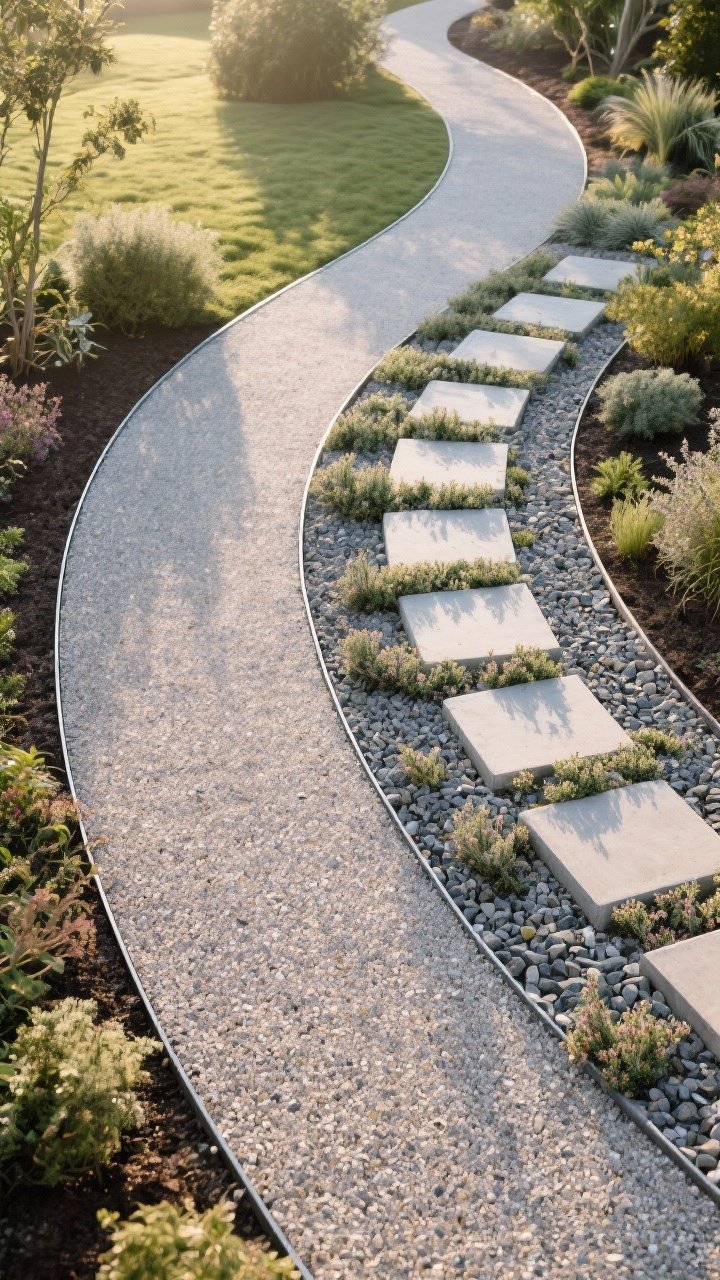 Overhead, gentle-curved garden path composition: a 36-inch-wide decomposed granite stroll path with subtle metal edging, meandering gracefully through planting; along one segment, large square concrete pavers set with creeping thyme infill, transitioning to gravel with flat stone stepping pads; compacted base visible at a cut edge; soft morning light, minimal shadows; photorealistic, no people.