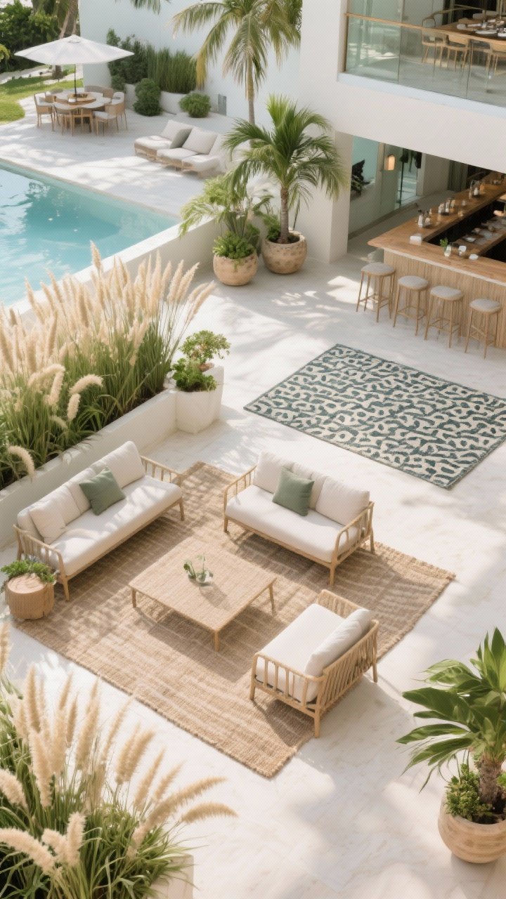 Overhead layout view: Defined zones using outdoor rugs and greenery—one large neutral rug anchoring a lounge area (front legs of furniture on rug), a second patterned rug for the dining/bar zone. Planter clusters subtly “wall off” spaces without built structures, featuring tall ornamental grasses and potted palms for privacy and breezy movement. Tight color palette with only two rug patterns. Bright natural daylight, intentional resort planning.