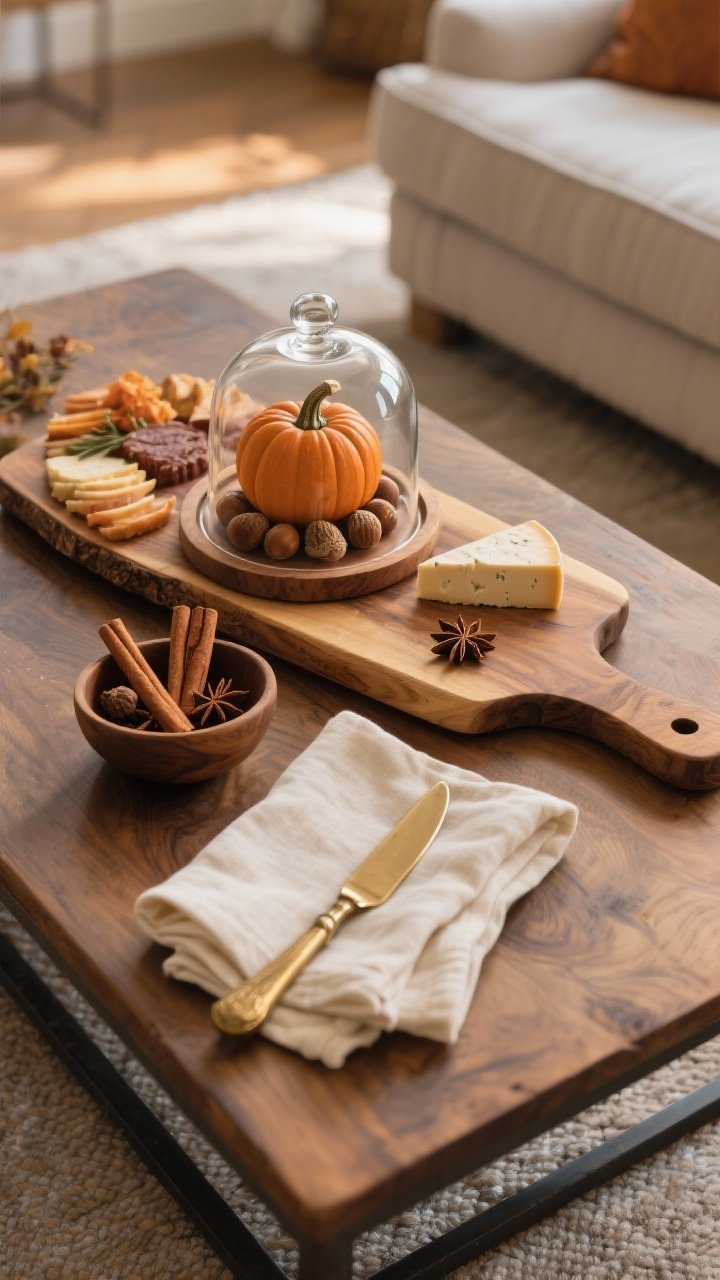 Overhead medium-close detail: an oversized wood charcuterie board styled as decor on a coffee table, with a folded linen napkin for softness. A small glass cloche centers the scene, encasing a mini pumpkin or a cluster of acorns as the focal point. A petite bowl holds cinnamon sticks and star anise for scent and texture, and a brass cheese knife rests nearby as a hint of hospitality. Palette: warm wood, brass, cream linen, earthy autumn tones. Gentle late-afternoon light, cozy and serve-ready mood. No people, photorealistic.