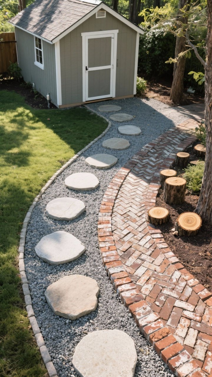 Overhead/oblique shot of an easy statement path leading to a shed. Show stepping stones set in decomposed granite with consistent round shapes for a modern vibe, edges tidy and intentional. In an adjacent segment, include a short run of reclaimed brick in herringbone for charm. Optionally show a small patch of sealed log slices at a branch point to suggest the woodland look. Emphasize texture differences: DG fines, worn brick, and smooth stone. Bright, even daylight.