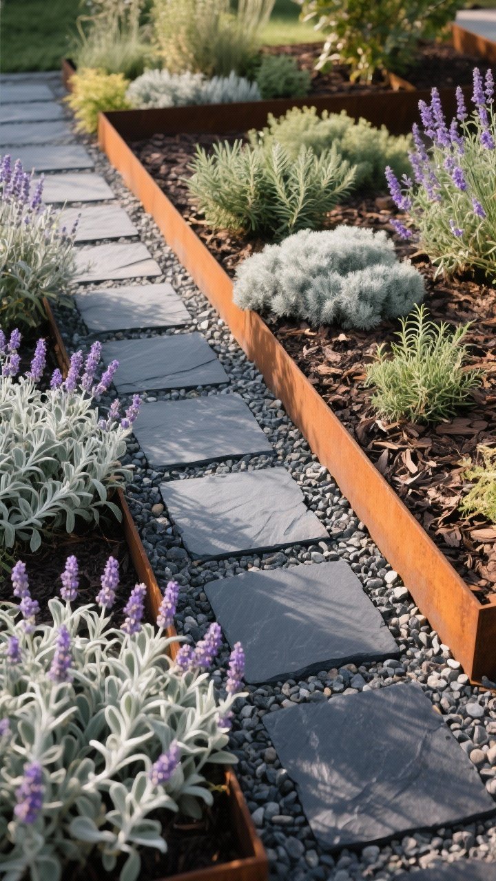 Overhead/oblique view of a designer contrast vignette: a charcoal paver path bordered by silvery lamb’s ear and lavender, leading to a gravel garden with Mediterranean herbs—rosemary, thyme, and agastache—softly mounding. Crisp Corten steel edging creates a sharp line against loose planting. Palette limited to two stone types and one warm metal finish, fine bark mulch in beds, warm late-day light enhancing texture contrasts.