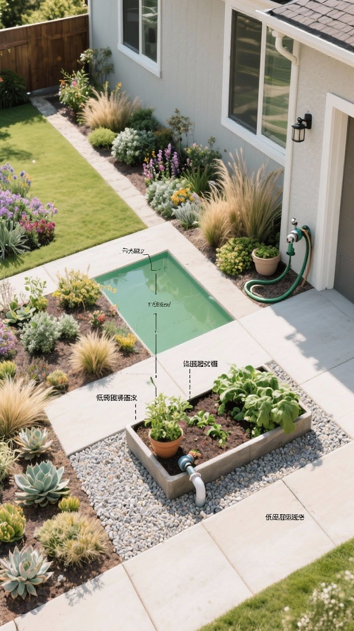 Overhead plan-view shot illustrating hydro-zones in a side yard: low-water zone with natives, succulents, and ornamental grasses furthest from the house; a moderate zone of perennials and flowering shrubs mid-distance; a high-water zone near the hose bib with raised veggie bed and containers; labeled irrigation valves and clearly separated planting areas; permeable gravel paths between zones; midday neutral light, clean diagram-like composition but photorealistic.