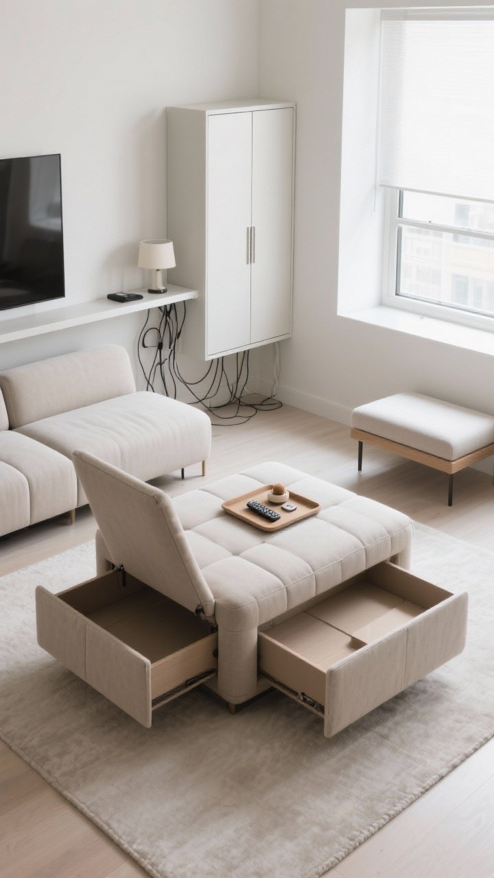 Overhead shot: A flexible, multi-use setup centered on a rectangular upholstered ottoman used as a coffee table, lid slightly ajar to reveal hidden storage; a tray on top holds a remote and a small object. Nesting or C-tables partially pulled out beside a modular, low-profile sofa. A slender bench tucked under a window, and a clean media cabinet with closed doors concealing wires. Sofa floated a few inches off the wall with a slim console behind it for lamps and cable management. Bright, clean lighting, photorealistic, organized and clutter-free.