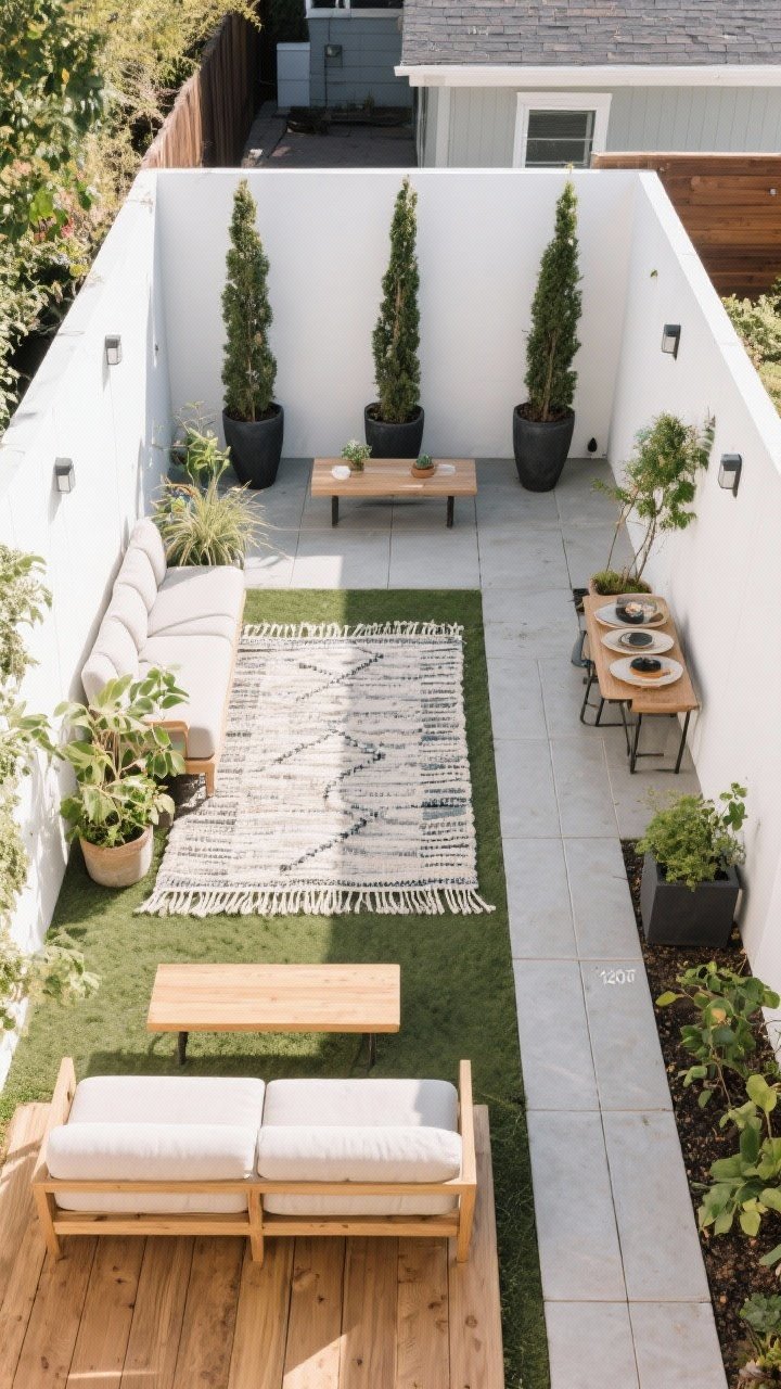 Overhead shot defining zones in a small 120-sq-ft backyard: a slightly oversized recycled PET outdoor rug anchoring a lounge area, planter clusters in groups of three with varied heights acting as natural dividers, and a low bench or slim console behind a compact outdoor sofa subtly separating a dining nook. Clear 30-inch walkway maintained through the layout; warm wood, charcoal, and soft white base tones; scattered leafy greens; even daylight for clarity; no people.