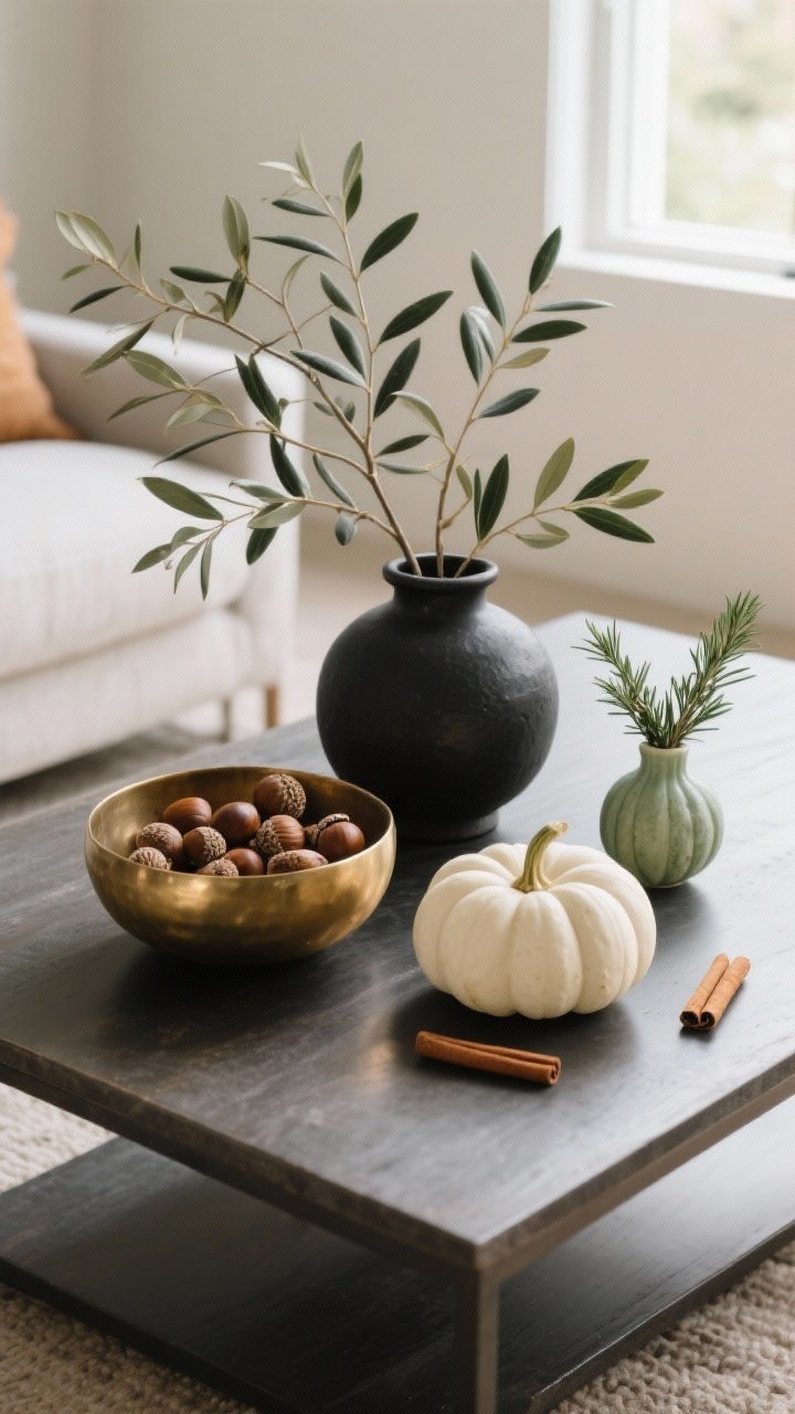 Overhead shot of a subtle seasonal naturals vignette on a coffee table: sculptural olive branches arranged in a matte black stoneware vase, next to a shallow brushed brass bowl filled with collected acorns and chestnuts; include a small cluster of mini white pumpkins and a single muted green heirloom pumpkin off to the side for restraint. Add a tiny bud vase holding a sprig of rosemary with a couple of cinnamon sticks for a quiet aromatic touch. Tones are earthy and tonal—matte black, warm brass, soft whites, sage and olive greens, natural browns. Soft morning light from a nearby window, crisp and photorealistic, no people.
