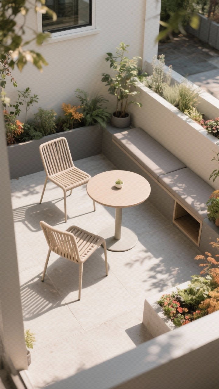 Overhead shot of compact outdoor furniture with skinny footprints on a tiny patio: a round café-style bistro table with two slim sling chairs, a low-profile bench with under-seat storage slightly off to the side. Soft, neutral palette in beige, taupe, and warm gray; plants add color around the perimeter. No bulky pieces, no sharp-cornered tables. Clean, airy feel with dappled natural light, photorealistic.