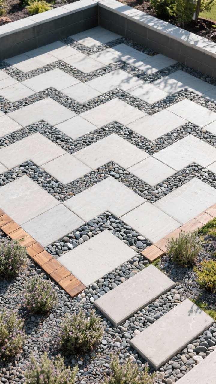 Overhead three-quarter detail of a patterned hardscape patio that pops: large-format 24–36 inch square concrete pavers arranged in a chevron motif, interspersed with bands of pea gravel; tight, cohesive palette of two to three tones (light gray, charcoal, and warm wood accent); joints locked with polymeric sand/fines; groundcover thyme softening select joints; a short stepping-stone path leading through gravel; textures sharp and intentional; bright, even daylight, no people.