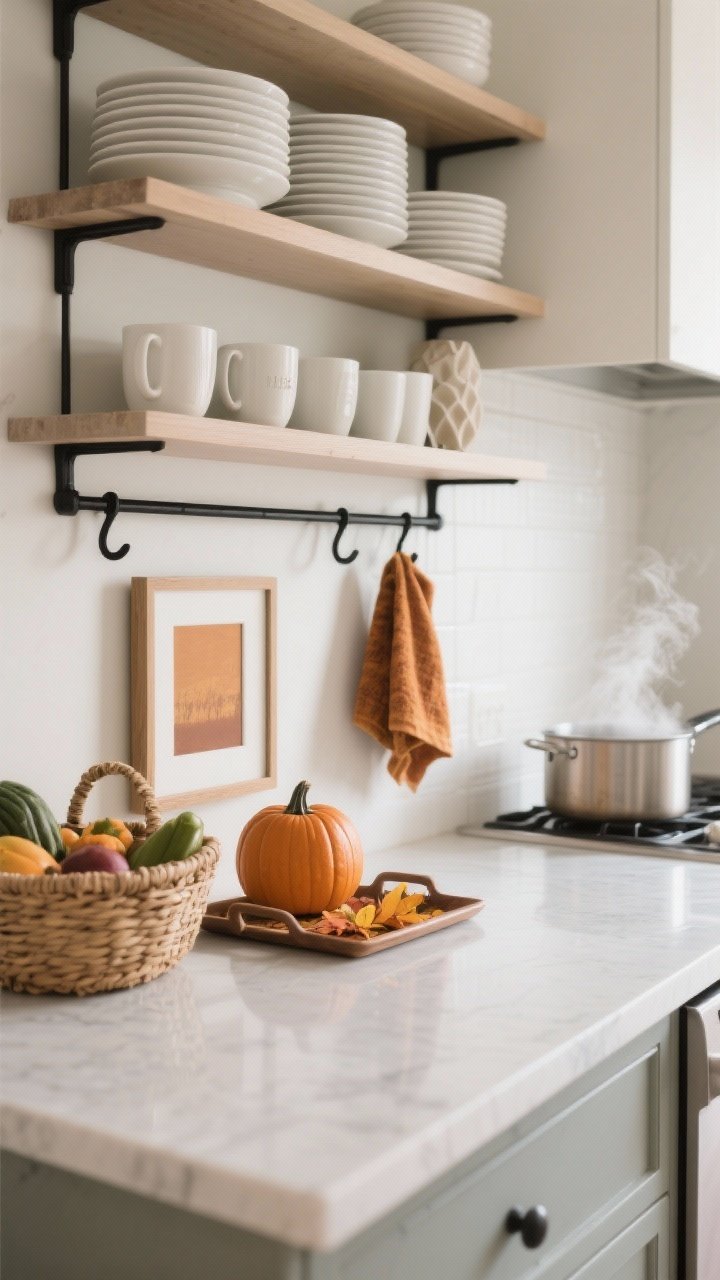 Photorealistic closeup/angle from a counter-height perspective showing edited open surfaces: mostly clear countertop except a single seasonal tray; open shelves curated to 70% functional (stacked white plates, everyday mugs) and 30% decorative (a small warm-toned framed print, a single mini pumpkin, one sculptural object). Include a woven basket with produce at one end and a matte black hook rail with a single fall-hued dish towel. Soft, even natural light; calm, uncluttered composition; subtle steam from a simmer pot suggested in the background.