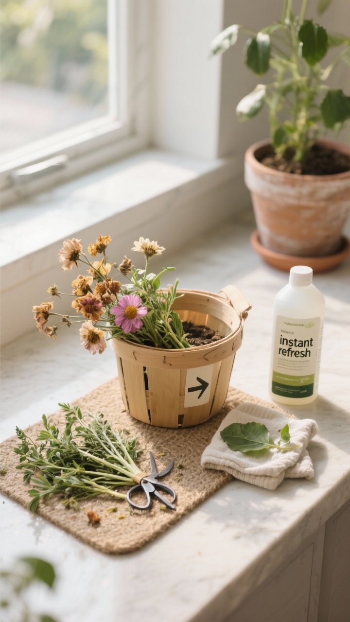 Photorealistic closeup detail of a low-maintenance weekly routine in action (no hands): a small vignette showing freshly deadheaded blooms in a trug, neatly snipped herb stems on a mat, a rotated container marked with a subtle arrow indicator, and a soft cloth beside clean, dust-free leaves and wiped planter rims. Include a bottle of balanced liquid fertilizer staged for monthly use. Soft morning light, tidy surface, crisp textures for an “instant refresh” vibe.
