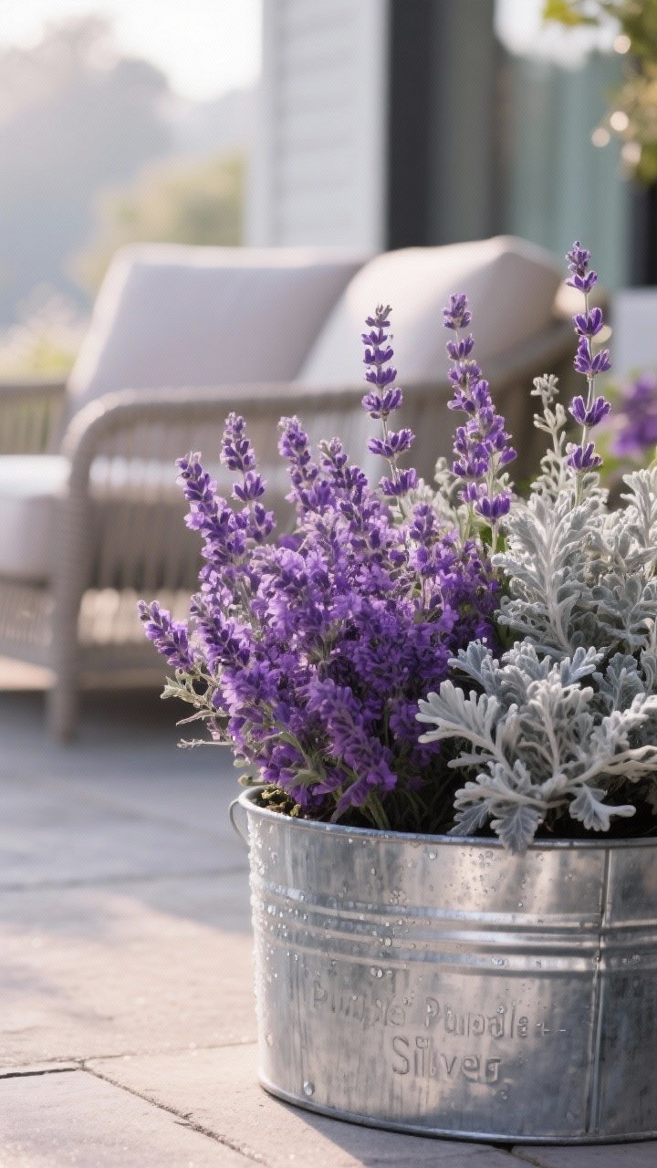 Photorealistic closeup detail of a single bold color story: “Purple + Silver” palette featuring lavender, nepeta, and dusty miller in galvanized planters, with neutral outdoor furniture subtly blurred in the background; dewy early-morning light, textures of silvery foliage and galvanized metal emphasized; tight depth of field and side angle to make the color commitment feel curated and designer.