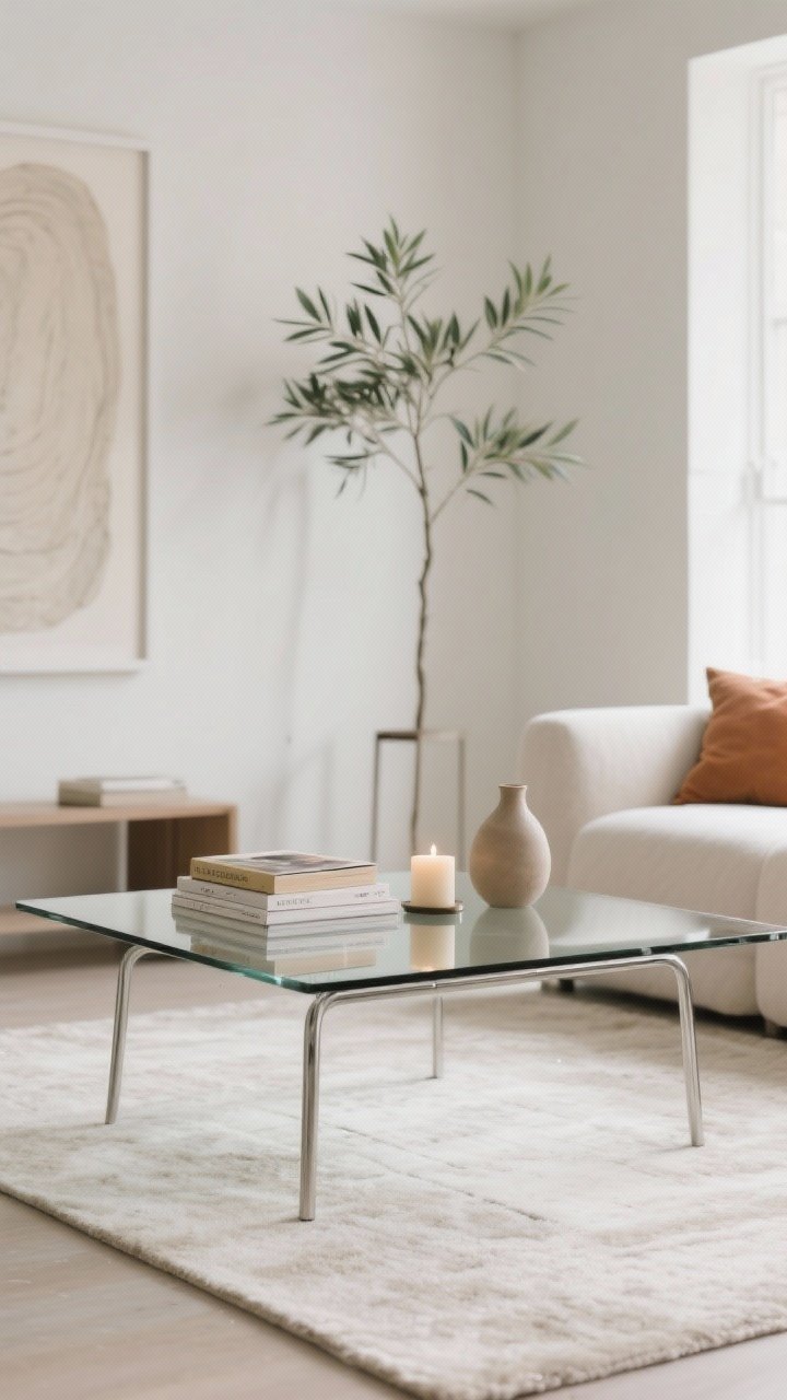 Photorealistic closeup/detail of airy styling on a glass coffee table over a light, low-contrast rug: 70% of the surface left clear, with a neat stack of books, a candle, and a small vase; nearby, metal-legged furniture keeps the look light; background blur reveals one large-scale art piece on the wall and a tall, slender plant (dracaena or olive tree) on a simple stand; palette of layered neutrals with a subtle pop of color in a pillow; soft natural light for an open, refined mood